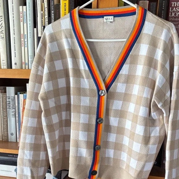 KULE Beige Plaid Cardigan with Multicolor Trim - Picture 4 of 7